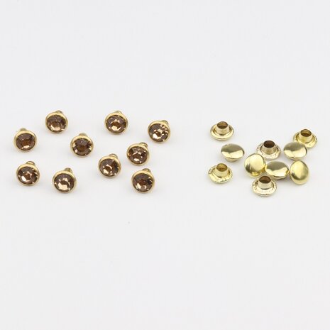 Studs met Strass Light Colorado Topaz 6 mm (glas) met goudkleurige cup (SS18) (per 36 stuks)