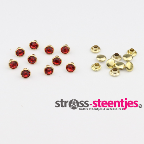 Studs met Strass Light Siam 6 mm (glas) met goudkleurige cup (SS18) met logo
