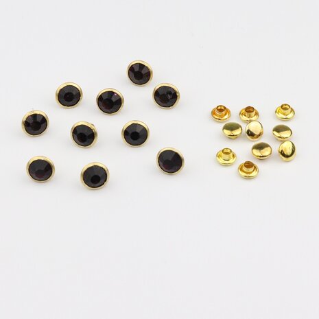Studs met Strass Smoked Topaz 8 mm (glas) met goudkleurige cup (SS34) (per 36 stuks)