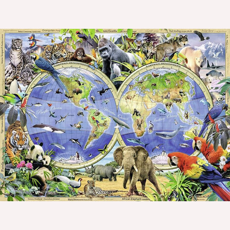 Diamond Painting pakket -  Kleurrijke wereldkaart met dieren 90x120 cm (full) zonder logo