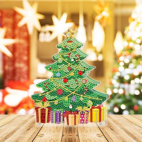 Diamond Painting Kersttafereeltje met verlichting - Kerstboom met kadootjes sfeerfoto