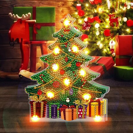 Diamond Painting Kersttafereeltje met verlichting - Kerstboom met kadootjes met verlichting