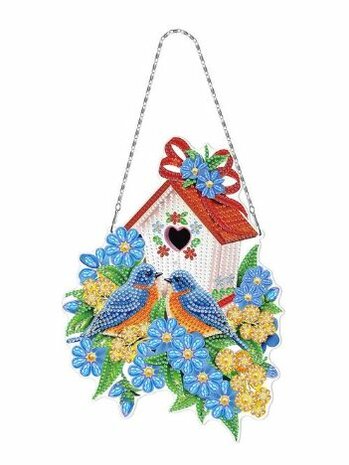 Diamond Painting hanger - met vogelhuisje (rood dak) en vogels 