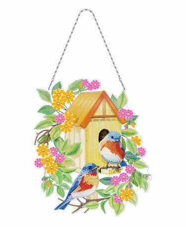 Diamond Painting hanger - met vogelhuisje (geel dak) en vogels 