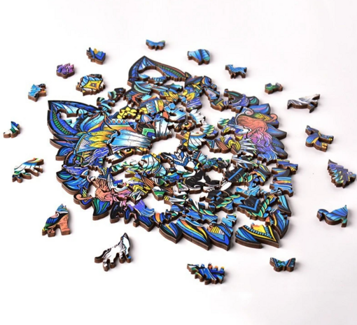 Houten legpuzzel Blauwe Wolf - met unieke stukjes - A3 formaat