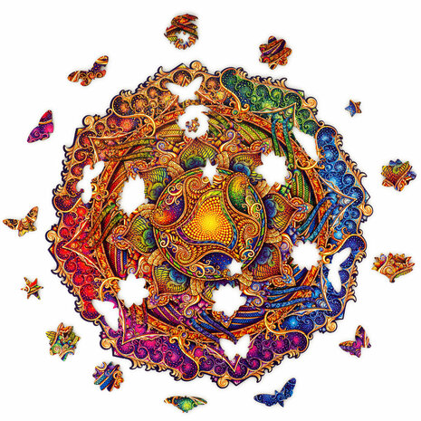 Puzzel Inexhausible Abundance Mandala / Onuitputtelijke Overvloed Mandala Medium met stukjes in vormen van diertjes en bloemen