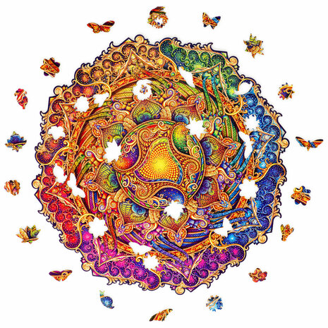 Puzzel Inexhausible Abundance Mandala / Onuitputtelijke Overvloed Mandala King Size met stukjes in vormen van diertjes en bloem