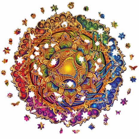 Puzzel Inexhausible Abundance Mandala / Onuitputtelijke Overvloed Mandala Royal Size met stukjes in vormen van diertjes en bloe