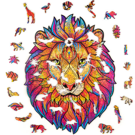 Puzzel Mysterious Lion / Mysterieuze Leeuw Medium met stukjes in vormen van dieren