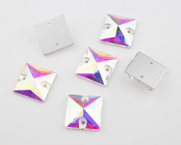 Naaistenen Vierkant Kleur Crystal AB 16mm (platte achterkant) (9324)