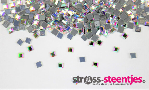 Vierkantje 3 mm Crystal AB Hotfix Rhinestones Figuren Superior kwaliteit (1049) (per 36 stuks) met logo