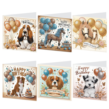 Diamond Painting verjaardagskaarten - Set van 6 stuks Happy Birthday Honden en Paarden (Partial met ronde steentjes)