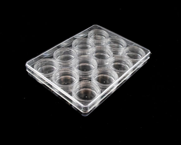 Opbergdoosje met 12 schroefdraadpotjes (A) 12.3.x9.5x1.7 cm