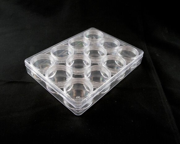 Opbergdoosje B met 12 schroefdraadpotjes 12.5.x16.5x2.6 cm gesloten deksel
