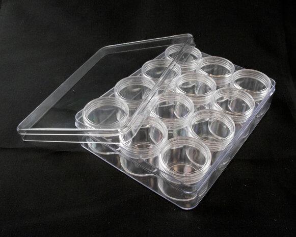Opbergdoosje C met 12 schroefdraadpotjes 12.5.x16.5x3.8 cm open deksel