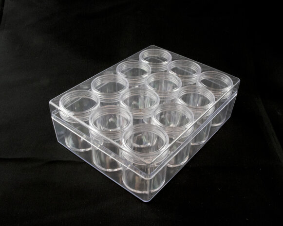 Opbergdoosje D met 12 schroefdraadpotjes 12.5.x16.5x5.4 cm