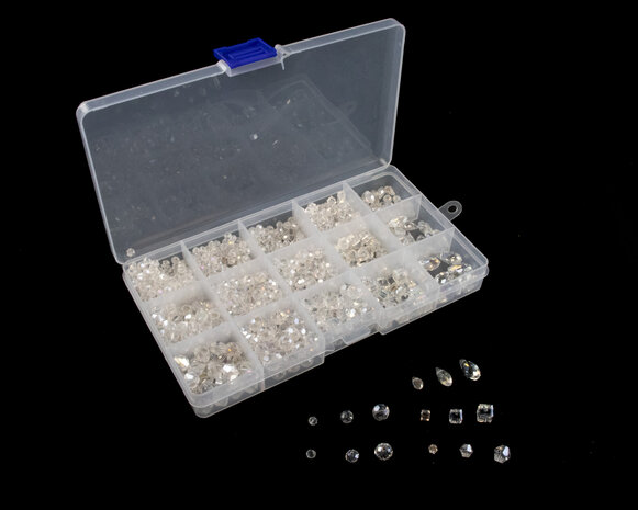 Facet kralen van glas set 15 vakjes 15 verschillende kralen - Crystal kleur  open deksel