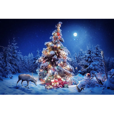 Diamond Painting pakket - Versierde kerstboom in het bos 45x30 cm (full)