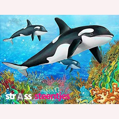Diamond Painting pakket -  Tekening van groep orka's boven koraal 60x45 cm (full)