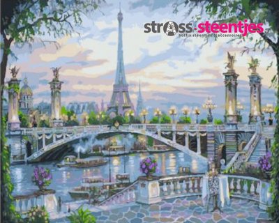 Diamond Painting pakket - Eiffeltoren achter de Seine met brug 60x45 cm (full)