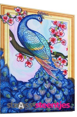 Diamond Painting pakket - Sierlijke blauwe pauw met speciale vormstenen 40x50 cm (Special)