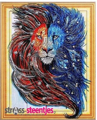 Diamond Painting pakket - Rood met blauwe Leeuw met speciale vormstenen 40x50 cm (Special)