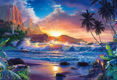 Diamond Painting pakket - Zee, strand, zonsondergang met palmbomen en vuurtoren 70x48 cm (full)