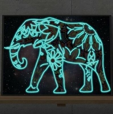 Diamond Painting pakket - Kleurrijke Olifant op een ruimte achtergrond - Glow in the Dark 40x30 cm (Partial)