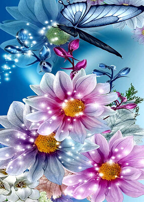 Diamond Painting pakket - Betoverende bloemen met vlinder 50x70 cm  (full)