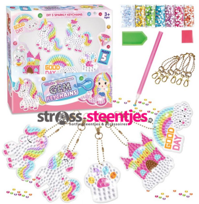 Diamond Painting Sleutelhanger box - Regenboog Unicorns klein (Set 5 stuks)