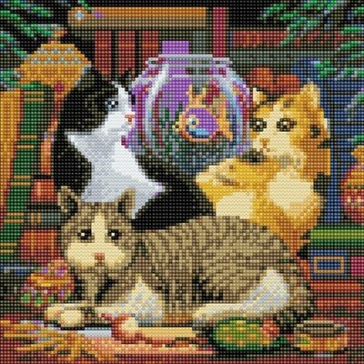 Full Diamond Painting op Frame - Katten met vissenkom 30x30 cm