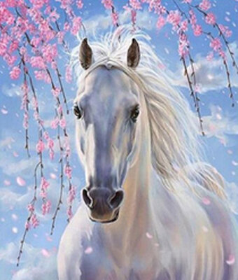 Diamond Painting pakket - Wit paard onder een bloesemboom 35x42 cm (full)