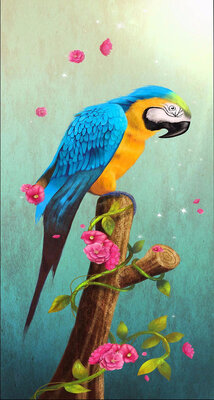 Diamond Painting pakket - Blauwe gele ara papegaai op een stronk 30x56 cm (full)