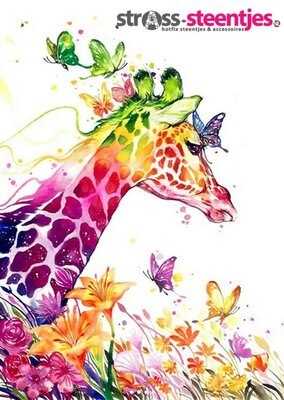Diamond Painting pakket -  Gekleurde Giraffe met vlinders 40x55 cm (full)