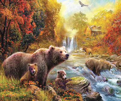 Diamond Painting pakket -  Familie beer aan het vissen bij de rivier 50x42 cm (full)