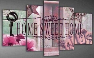 Diamond Painting pakket - Home Sweet Home Paars 5 luik 2x20x30, 2x20x40, 1x20x50 cm (full)