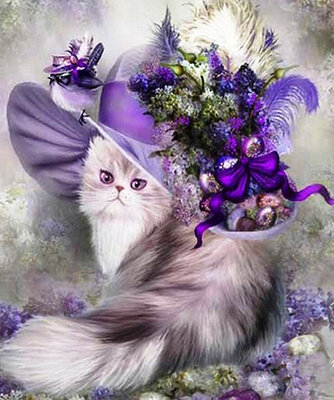 Diamond Painting pakket - Perzische kat met een paarse hoed 50x60 cm (full)