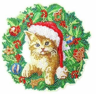 Diamond Painting Kersthanger - krans met kat en kerstmuts 24x24 cm