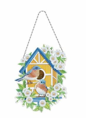 Diamond Painting hanger - met vogelhuisje (blauw dak) en vogels