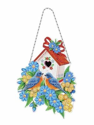 Diamond Painting hanger - met vogelhuisje (rood dak) en vogels