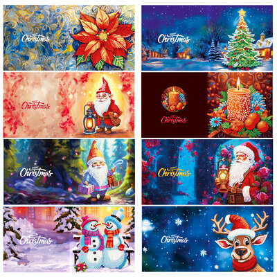 Diamond Painting Kerstkaarten - Set van 8 stuks met o.a. kerstster, kabouters en kaars (Partial) vormen special