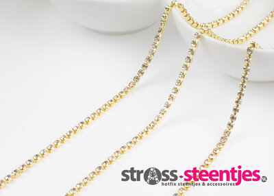 Strassketting 3 mm (SS12) Crystal - Gold Cup (per meter)