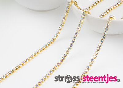 Strassketting 3 mm (SS12) Crystal AB - Gold Cup (per meter)