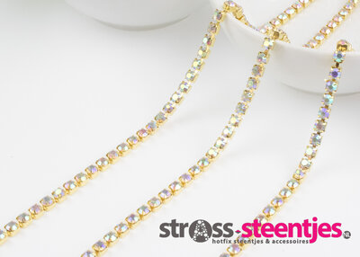 Strassketting 4 mm (SS16) Crystal AB - Gold Cup (per meter)