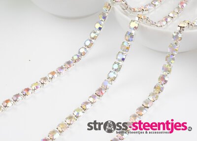Strassketting 6,5 mm (SS28) Crystal AB - Silver Cup (per meter)