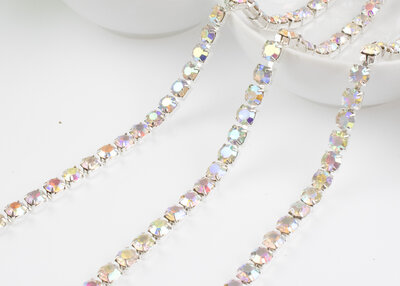 Strassketting 6,5 mm (SS28) Crystal AB - Silver Cup (per meter)