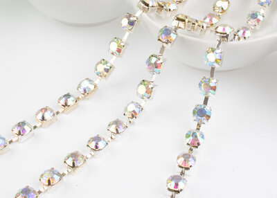 Strassketting 8 mm (SS38) Crystal AB - Silver Cup  (per meter)