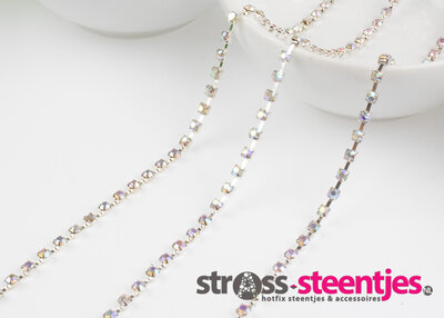 Strassketting 3 mm (SS12) Crystal AB - Silver Cup (per meter)