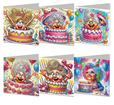 Diamond Painting verjaardagskaarten - Set van 6 stuks Happy Birthday Dames in Taarten  (Partial met ronde steentjes)