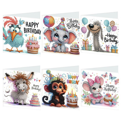 Diamond Painting verjaardagskaarten - Set van 6 stuks Happy Birthday Grappige Dieren met Taarten  (Partial met ronde steentjes)